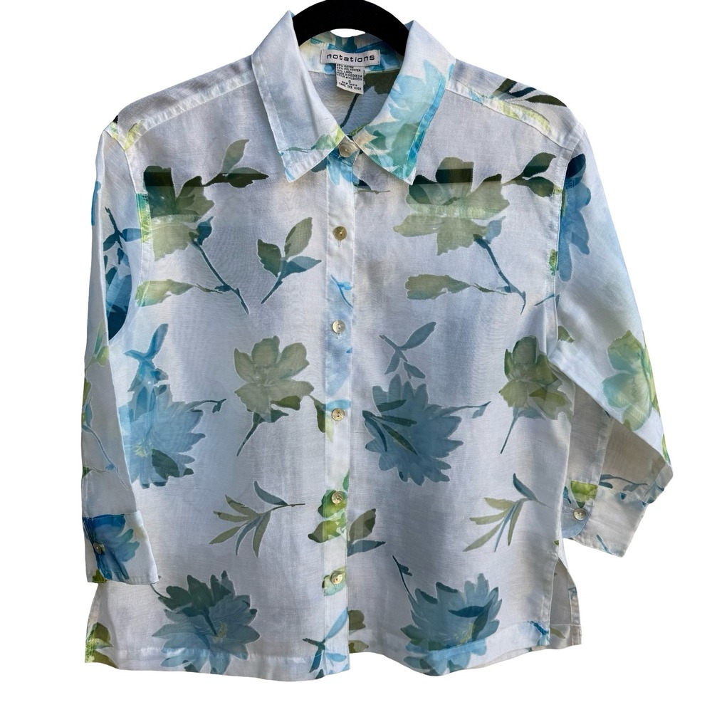 Notations Coastal Cottagecore Airy Ethereal Floral Sheer Linen Blend Blouse S